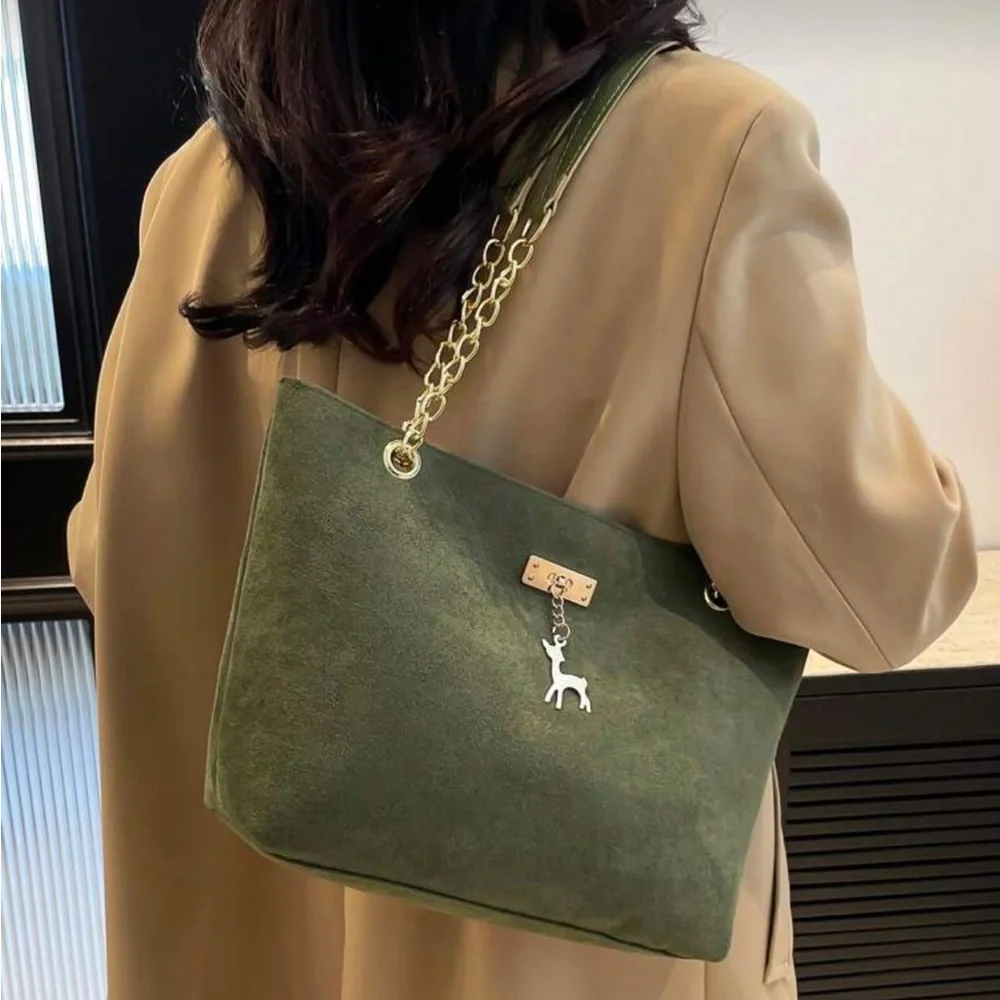 ⚠️Clearance Chain Shoulder Elegant Green Suede Tote Bag with Gold Chain - Picture 4 of 9